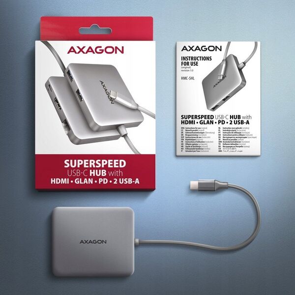 HUB USB Axagon HMC-5HL Wieloportowy hub 2x USB-A, 4K HDMI, GLAN, USB 3.2 Gen 1, PD 100W, 15cm USB-C kabel