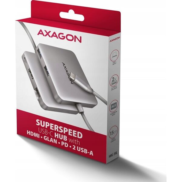HUB USB Axagon HMC-5HL Wieloportowy hub 2x USB-A, 4K HDMI, GLAN, USB 3.2 Gen 1, PD 100W, 15cm USB-C kabel