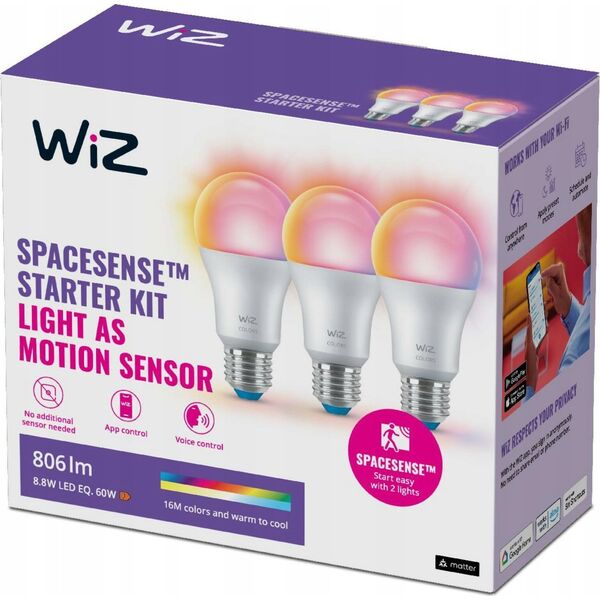 WiZ WiZ,Bulb,8,8W,2200-6500 (RGB),A60,E27,3 pcs lightsource