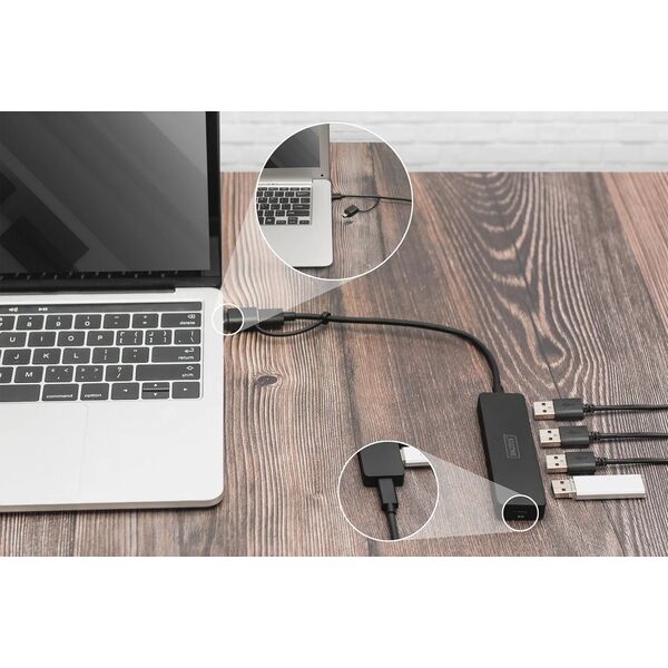 HUB USB Digitus DIGITUS USB 3.0 Hub 4-Port Slimline with USB-C Adapter 5Gbps 0.2m cable
