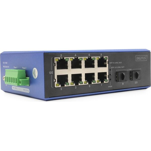 Switch Digitus DIGITUS Industrial 8+2 -Port Gigabit Ethernet PoE Switch 8 Port GE PoE RJ45 2 GE SFP Port