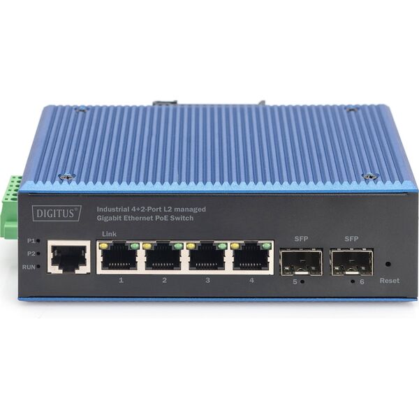 Switch Digitus Digitus Przemysłowy przełącznik Gigabit Ethernet PoE, 4+2 porty, zarządzalny na warstwie łącza danych (L2)