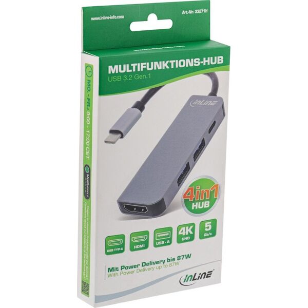 HUB USB InLine INLINE Multifunktions-HUB USB 3.2 Gen.1 2x USB-A 5Gbps HDMI 4K 30Hz USB Type-C PD 87W aluminium grau