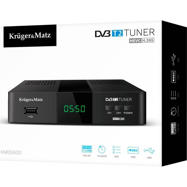 Tuner TV Kruger&Matz Tuner DVB-T2 H.265 HEVC Kruger&Matz HDMI SCART PVR EPG USB dekoder