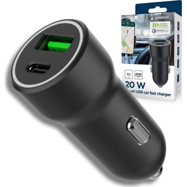 Ładowarka Gembird GEMBIRD Szybka ładowarka samochodowa 2x USB Type-C PD 20W czarna