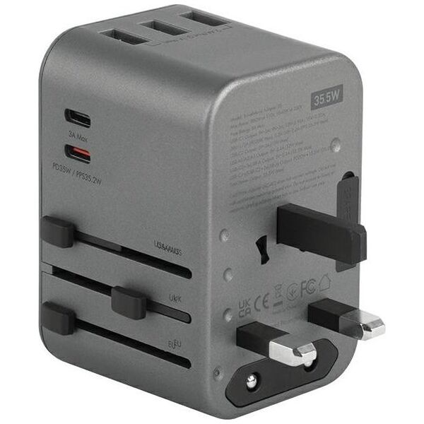 Ładowarka Energea ENERGEA ład. siec. 3xUSB+2xUSB-C PD-PPS-QC 3.0 35.5W 3A2C adapter 4w1 US/UA/EU/UK szary/gunmetal Travelworld