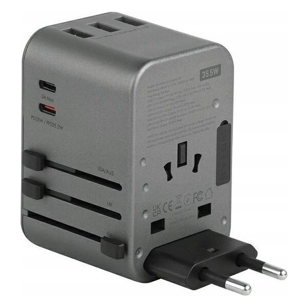 Ładowarka Energea ENERGEA ład. siec. 3xUSB+2xUSB-C PD-PPS-QC 3.0 35.5W 3A2C adapter 4w1 US/UA/EU/UK szary/gunmetal Travelworld