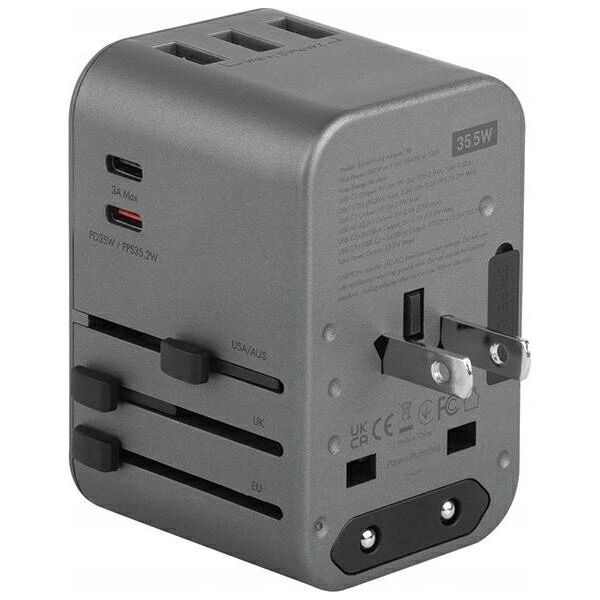Ładowarka Energea ENERGEA ład. siec. 3xUSB+2xUSB-C PD-PPS-QC 3.0 35.5W 3A2C adapter 4w1 US/UA/EU/UK szary/gunmetal Travelworld