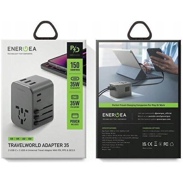 Ładowarka Energea ENERGEA ład. siec. 3xUSB+2xUSB-C PD-PPS-QC 3.0 35.5W 3A2C adapter 4w1 US/UA/EU/UK szary/gunmetal Travelworld