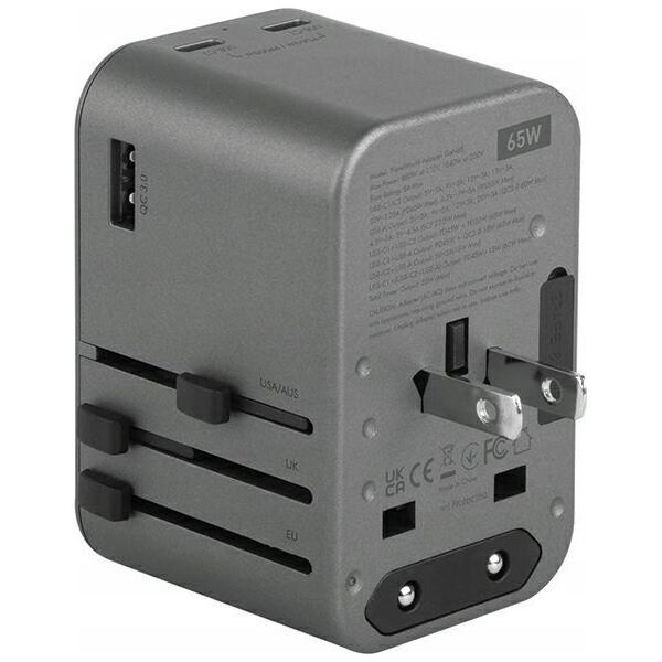 Ładowarka Energea ENERGEA ład. siec. 1xUSB+2xUSB-C PD-PPS-QC 3.0 65W 1A2C adapter 4w1 US/UA/EU/UK szary/gunmetal Travelworld Adapter GaN65W
