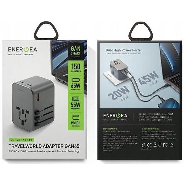 Ładowarka Energea ENERGEA ład. siec. 1xUSB+2xUSB-C PD-PPS-QC 3.0 65W 1A2C adapter 4w1 US/UA/EU/UK szary/gunmetal Travelworld Adapter GaN65W