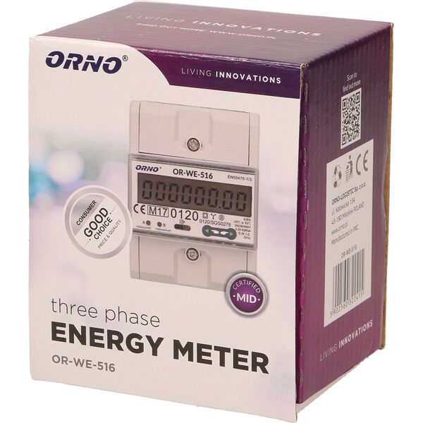 Orno Licznik energii elektrycznej Orno OR-WE-516 3-faz Port RS-485 Din TH-35mm biały