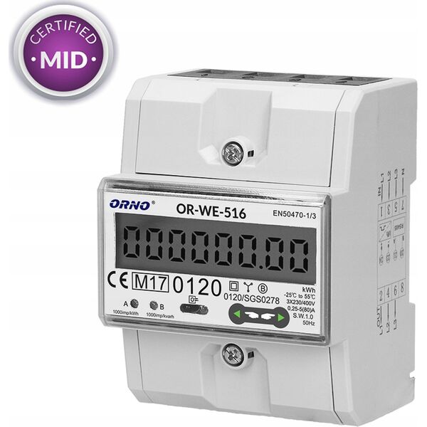 Orno Licznik energii elektrycznej Orno OR-WE-516 3-faz Port RS-485 Din TH-35mm biały