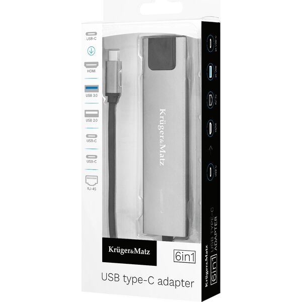 Adapter USB Kruger&Matz Adapter (HUB) USB typu C na HDMI/2x USB3.0/2x USB typu C/RJ45