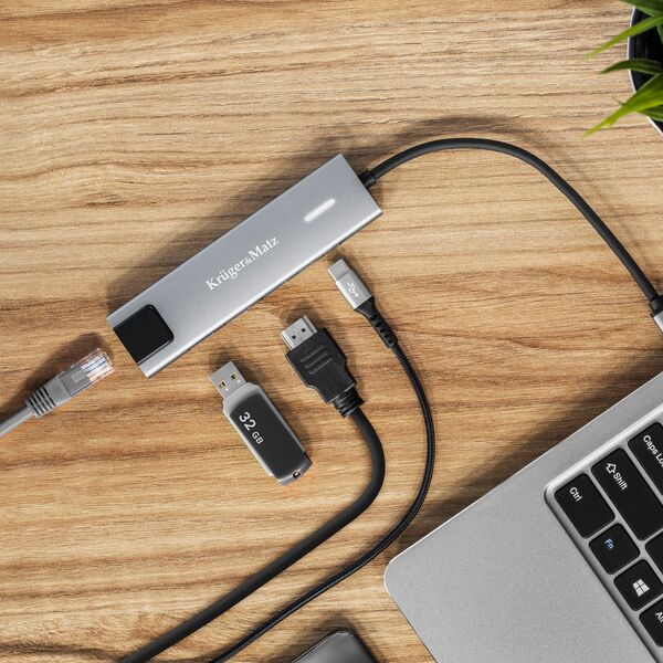 Adapter USB Kruger&Matz Adapter (HUB) USB typu C na HDMI/2x USB3.0/2x USB typu C/RJ45