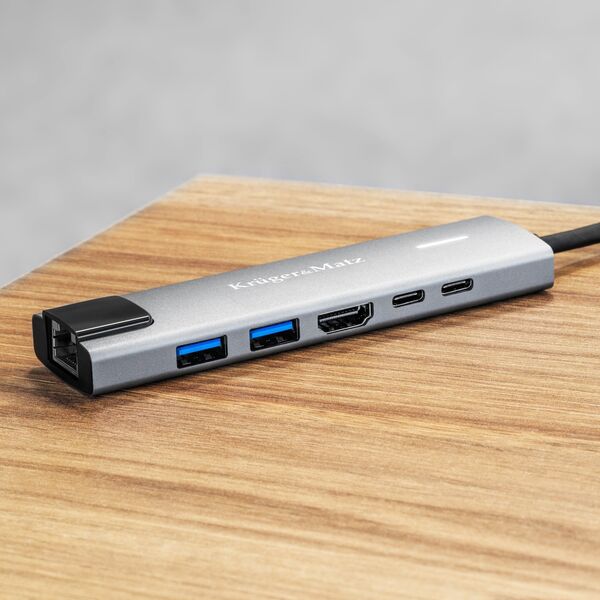 Adapter USB Kruger&Matz Adapter (HUB) USB typu C na HDMI/2x USB3.0/2x USB typu C/RJ45