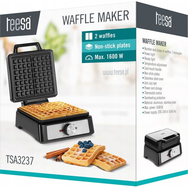 Teesa Gofrownica TEESA, 2 gofry, 1600W, inox, regulacja mocy