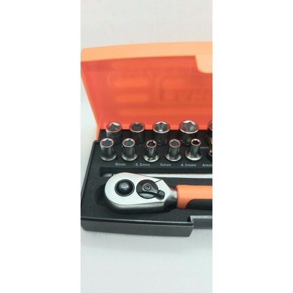 Bahco Galvučių, terkšlės ir priedų rinkinukas 4-13mm, antgaliai PH,HEX,TORX 1/4" 25vnt blisteryje. Bahco