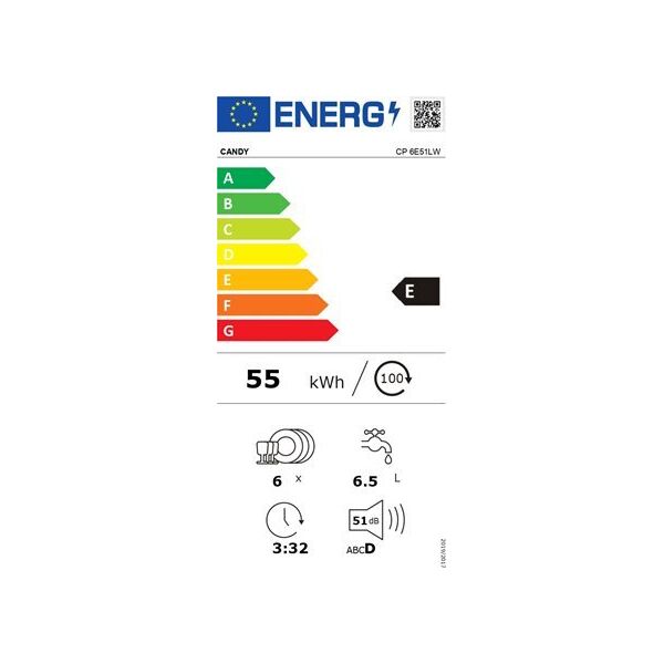 Zmywarka Candy Candy | Dishwasher | CP 6E51LW | Table | Width 55 cm | Number of place settings 6 | Number of programs 5 | Energy efficiency class E | White