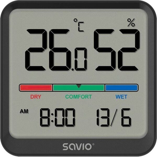 Savio Czujnik temperatury i wilgotności SAVIO CT-01/B, ekran LCD, do użytku wewnętrznego, zegar, data