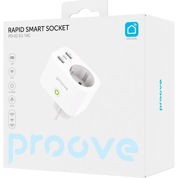 Inteligentne Gniazdko Sieciowe Wi-Fi Wtyczka 230V AC 2x USB 1x USB-C Proove / Rapid Smart Socket PD-02