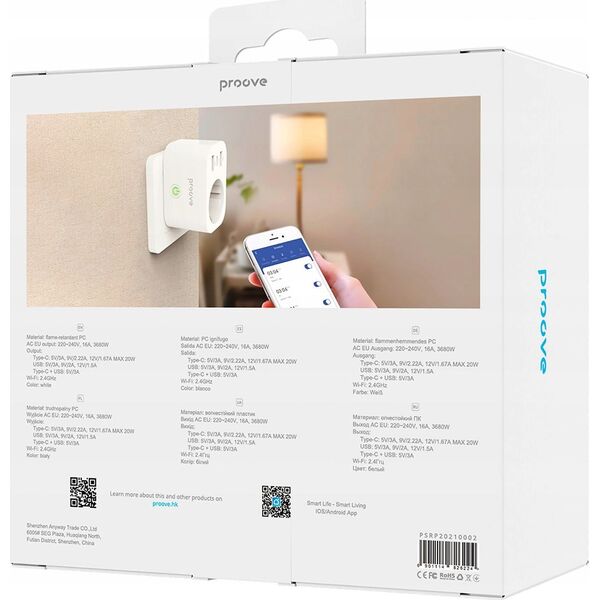 Inteligentne Gniazdko Sieciowe Wi-Fi Wtyczka 230V AC 2x USB 1x USB-C Proove / Rapid Smart Socket PD-02