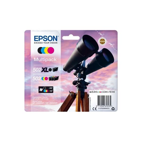 Tusz Epson Epson 502XL Multipack - 4er-Pack - 19.1 ml - mit hoher Kapazitat - Schwarz, Gelb, Cyan, Magenta - original - Blister mit RF- / akustischem Alarmsignal - Tintenpatrone - fur Expression Home XP-5100, XP-5150, WorkForce WF-2860, WF-2865DWF, WF-288