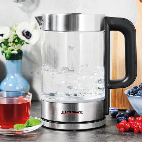 Czajnik Gastroback Gastroback Design Basic, 1.7 L, 3000 W, Stainless steel, Transparent, Glass, Stainless steel, Water level indicator, Overheat protection