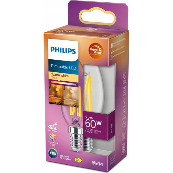 Signify Philips LED WarmGlow Kerzenlampe 60W E14 Klar dimmbar