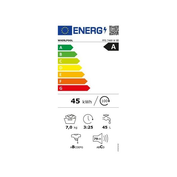 Pralka Whirlpool Whirlpool Washing machine | FFS 7469 W EE | Energy efficiency class A | Front loading | Washing capacity 7 kg | 1400 RPM | Depth 57.5 cm | Width 59.5 cm | Display | LED | White