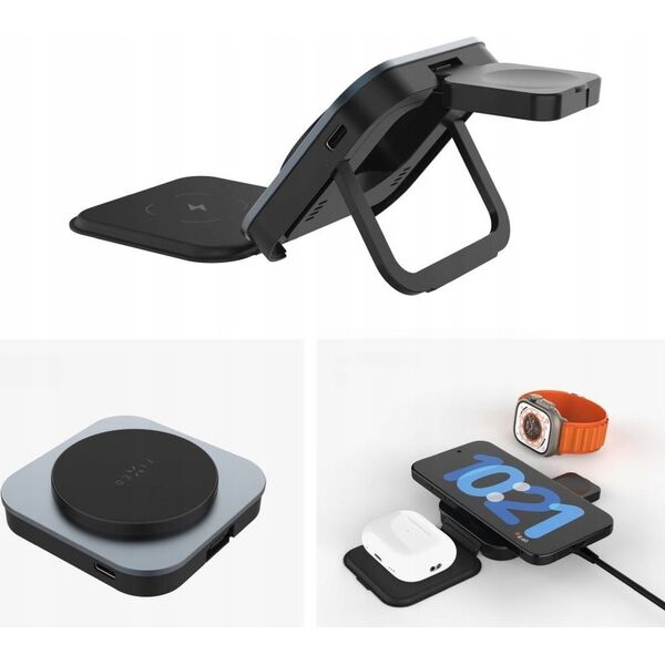 Podstawka Fixed Fixed | MagFlex Alu Foldable magnetic wireless charging stand 3in1 | FIXMFLE-AL-GR