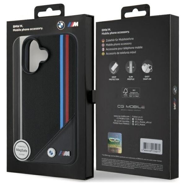 BMW BMHMP16S23PUTRK iPhone 16 6.1" czarny/black hardcase M Meshed Tricolor Stripes MagSafe
