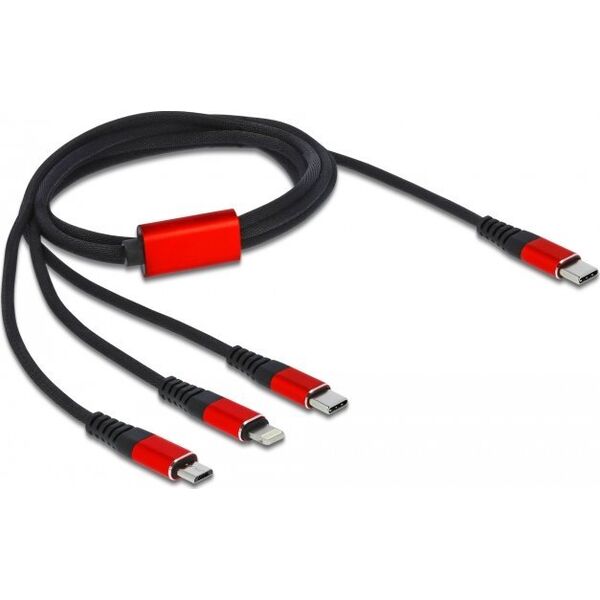 Kabel USB Delock USB-A - USB-C + micro-B + Lightning 1 m Czarno-czerwony (86711)