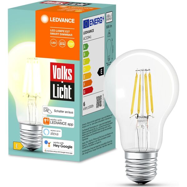 Osram LEDVANCE SMART+ BT CLA60 60 6 W/2500K E27, LED lamp (filament, Bluetooth, replaces 60 watts)