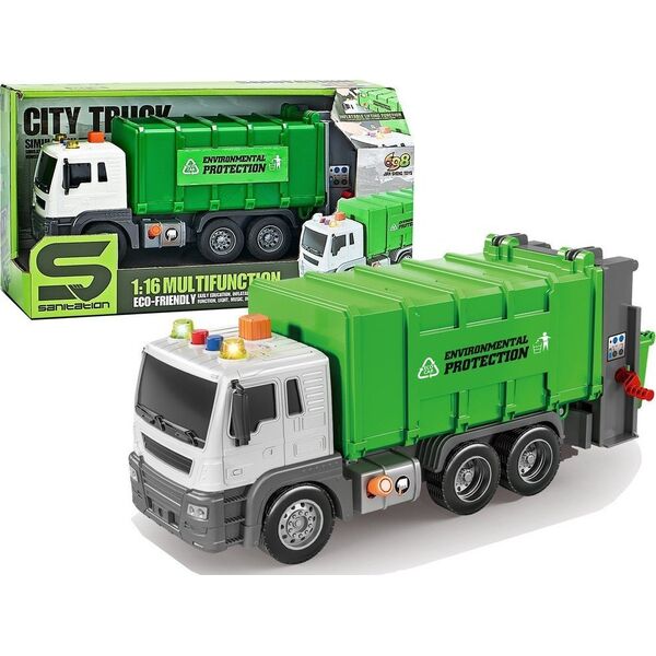 LeanToys Śmieciarka Napęd Frykcyjnym Efekty Dźwiękowe Zielona 1:16 Segregowanie