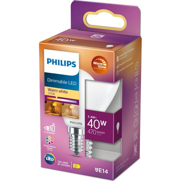 Philips Philips 8719514324473, 3.4 W, 40 W, E14, 470 lm, 15000 h, Warm glow