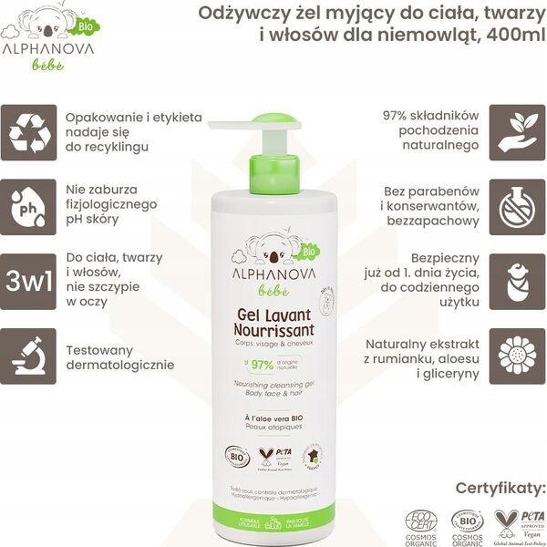 Alphanova Bebe Alphanova Bebe Bio, Θρεπτικό τζελ καθαρισμού για το σώμα, το πρόσωπο και τα μαλλιά για μωρά, 400ml 14222712 3760075073534