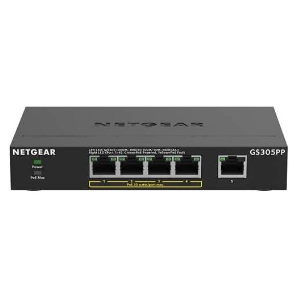 Switch NETGEAR GS305P PoE+ Gigabit Ethernet Unmanaged Plus Switch, 1x 1G Ethernet Port, 4x 1G PoE+ Ethernet Ports (83W)