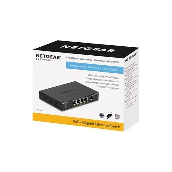 Switch NETGEAR GS305P PoE+ Gigabit Ethernet Unmanaged Plus Switch, 1x 1G Ethernet Port, 4x 1G PoE+ Ethernet Ports (83W)