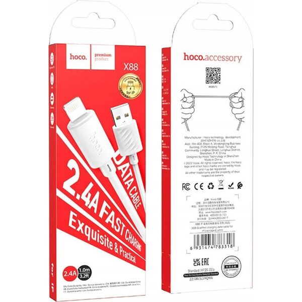 Kabel USB Hoco HOCO kabel USB A do Lightning 2,4A X88 1 m biały