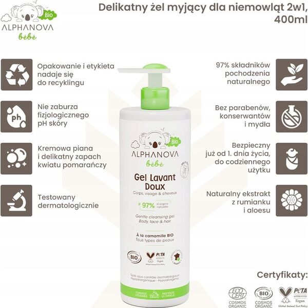 Alphanova Bebe Alphanova Bebe Bio, Απαλό τζελ πλυσίματος για μωρά 2 σε 1, 400ml 14222717 3760075073558