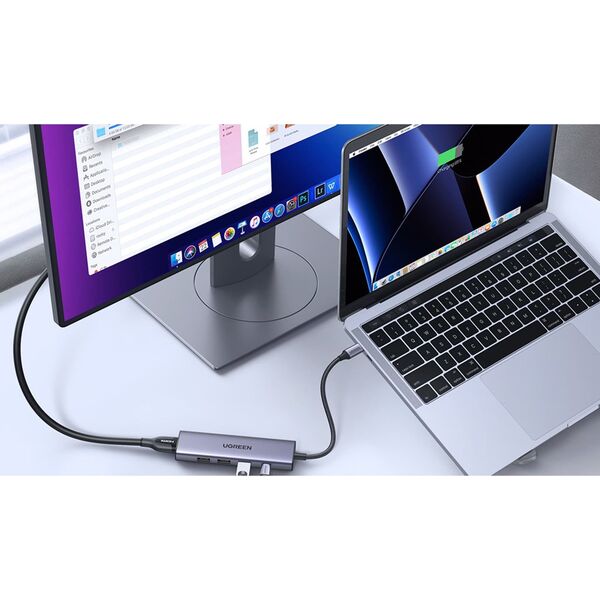 Ugreen Adapter UGREEN CM511 Hub 5w1, USB-C do HDMI 1.4, 3xUSB-A , USB-C, PD, 100W (szary)