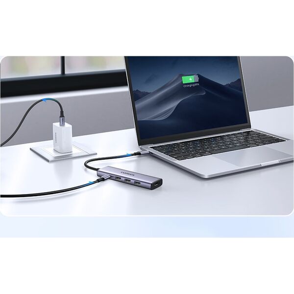 Ugreen Adapter UGREEN CM511 Hub 5w1, USB-C do HDMI 1.4, 3xUSB-A , USB-C, PD, 100W (szary)