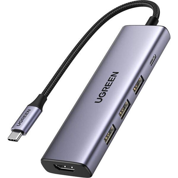 Ugreen Adapter UGREEN CM511 Hub 5w1, USB-C do HDMI 1.4, 3xUSB-A , USB-C, PD, 100W (szary)