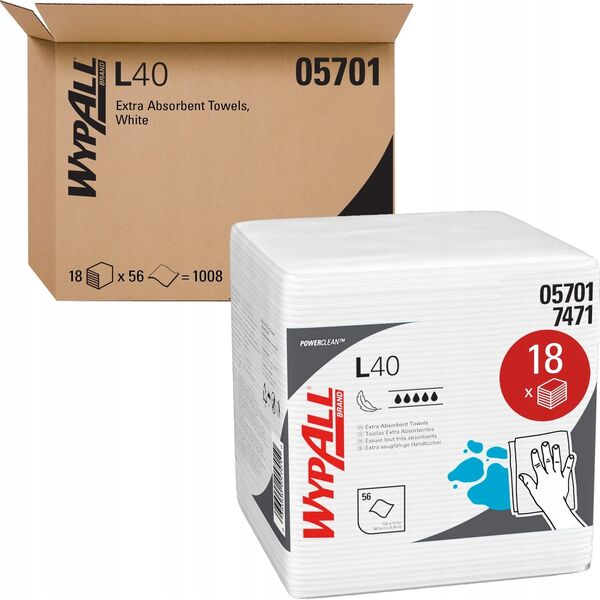 WYPALL Kimberly-Clark WypAll L40 PowerClean - Τετραπλές πετσέτες μιας χρήσης υψηλής απορρόφησης, λευκές - 1 συσκευασία x 56 τμημάτων 13941360 36000057010