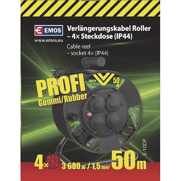 Cable Reel (rubber) - 4 sockets 50m, 1,5mm, SCHUKO