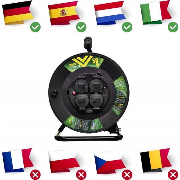 Cable Reel (rubber) - 4 sockets 50m, 1,5mm, SCHUKO