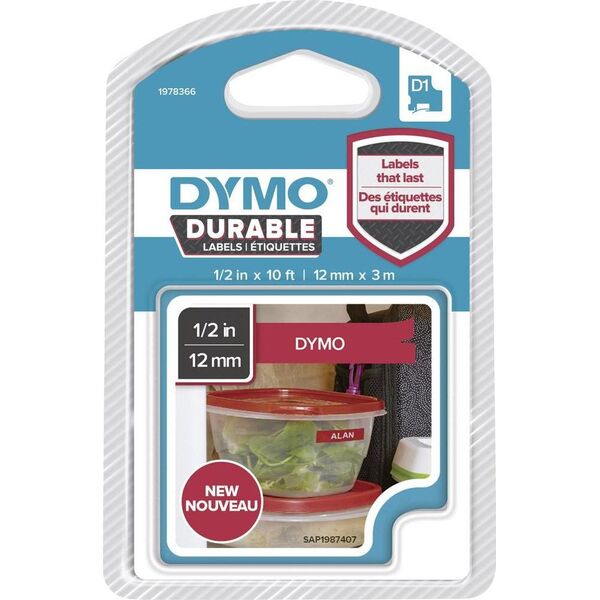 Dymo DYMO D1-Schriftband Vinyl 12mmx3m weiß auf rot - 1978366