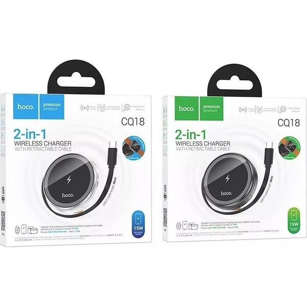 HOCO Ładowarka Indukcyjna Z Chowanym Kablem Typ C Kompatybilna Z MagSafe I Apple Watch 15W CQ18 Srebrna