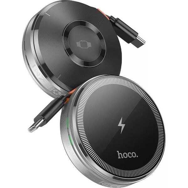 HOCO Ładowarka Indukcyjna Z Chowanym Kablem Typ C Kompatybilna Z MagSafe I Apple Watch 15W CQ18 Srebrna